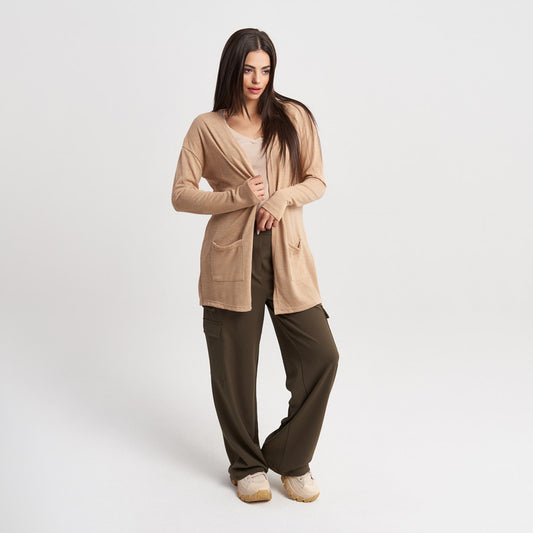 Hailys Women's Beige Open-Front Long Sleeve Cardigan with Pockets