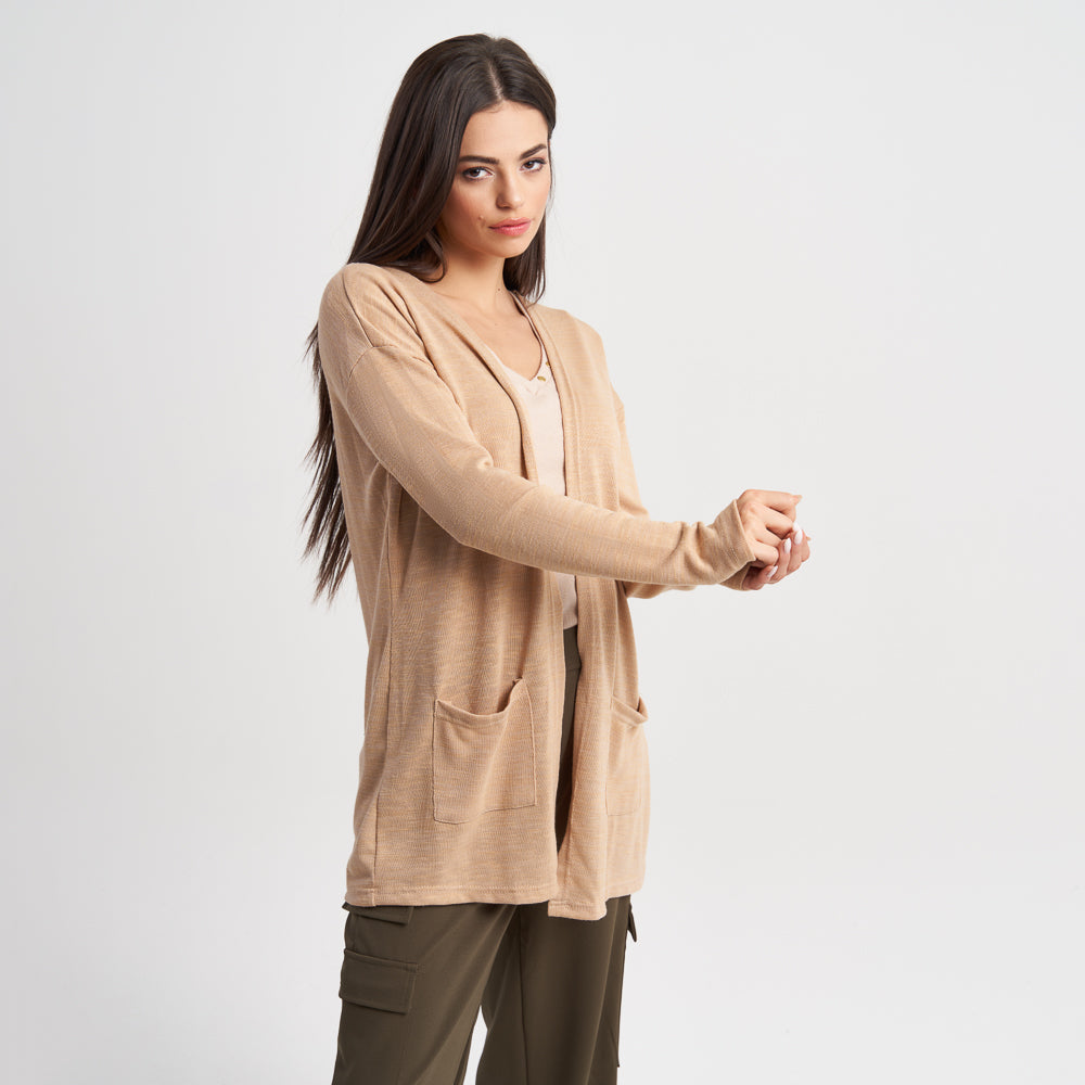 Hailys Women's Beige Open-Front Long Sleeve Cardigan with Pockets