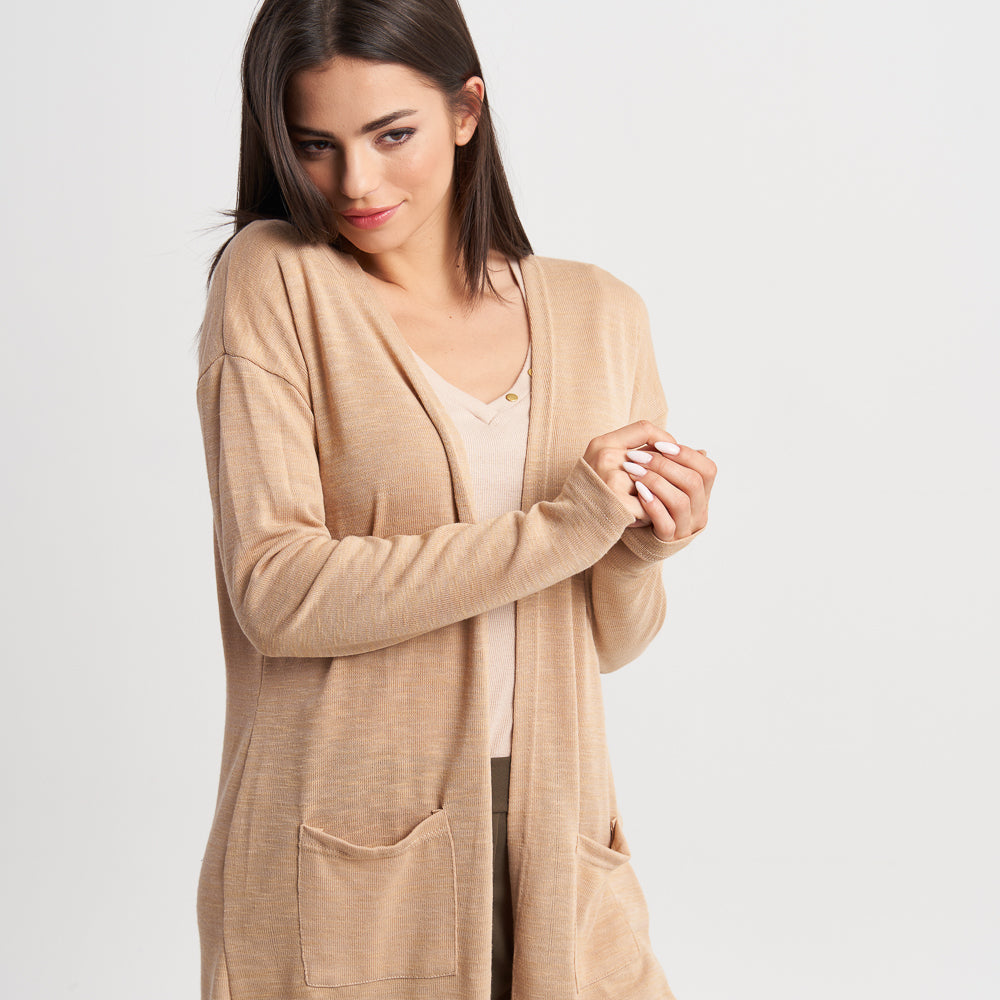 Hailys Women's Beige Open-Front Long Sleeve Cardigan with Pockets