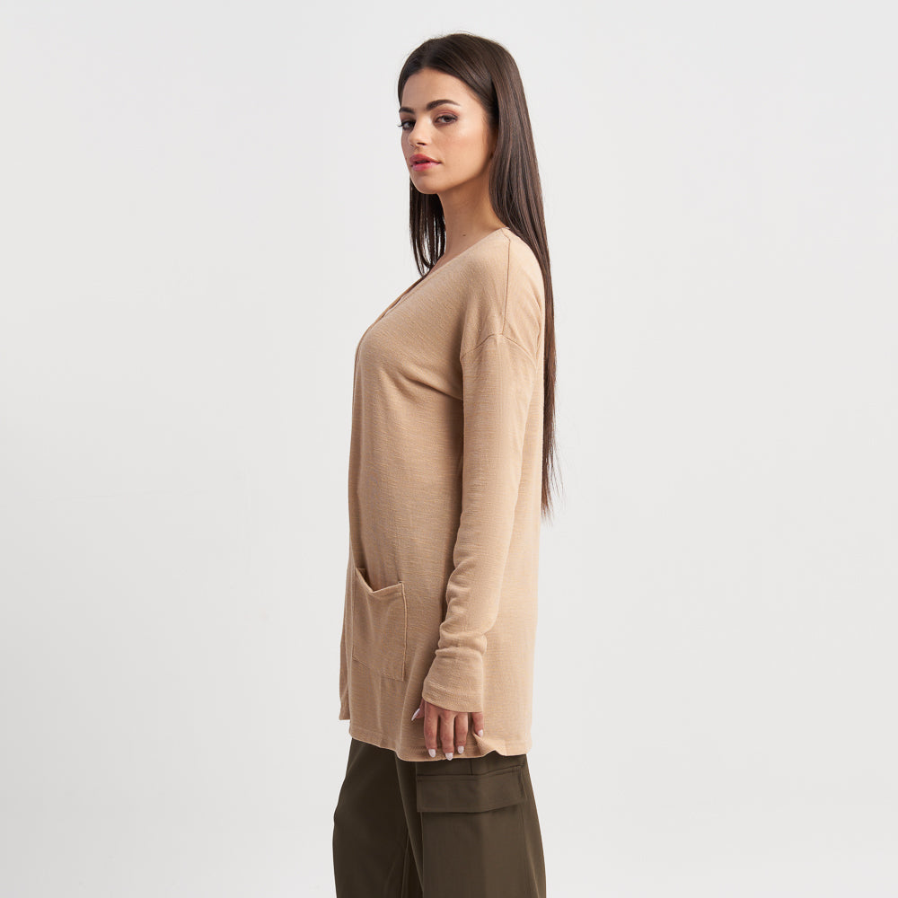 Hailys Women's Beige Open-Front Long Sleeve Cardigan with Pockets