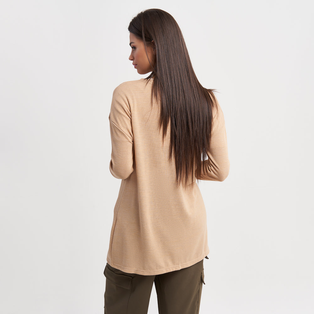 Hailys Women's Beige Open-Front Long Sleeve Cardigan with Pockets