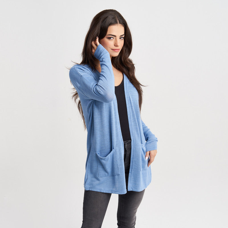 Hailys Women's Light Blue Open-Front Long Sleeve Cardigan with Pockets