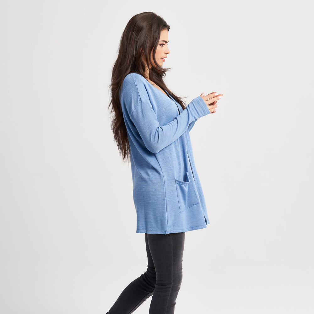 Hailys Women's Light Blue Open-Front Long Sleeve Cardigan with Pockets