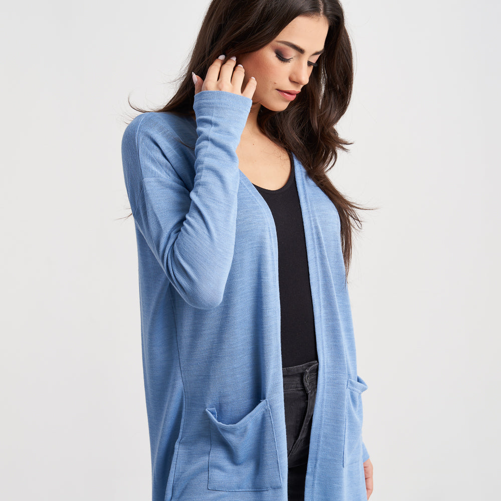 Hailys Women's Light Blue Open-Front Long Sleeve Cardigan with Pockets