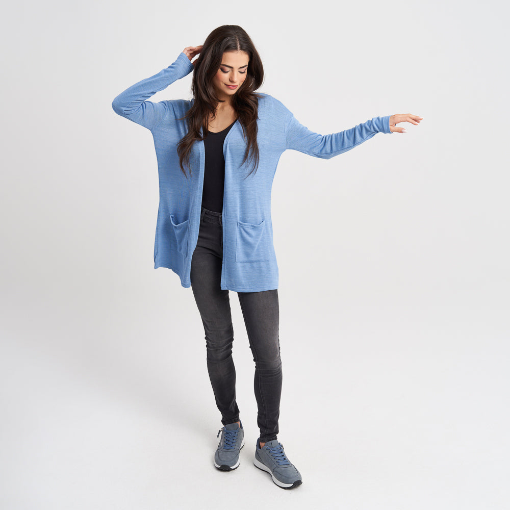 Hailys Women's Light Blue Open-Front Long Sleeve Cardigan with Pockets