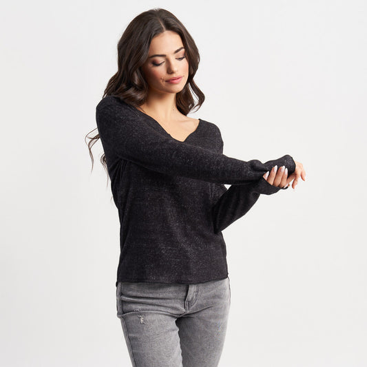 Hailys Women’s Long Sleeve V-Neck Pullover Sweater - Charcoal Gray